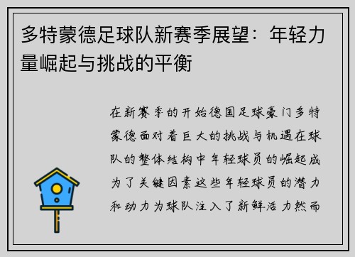 多特蒙德足球队新赛季展望：年轻力量崛起与挑战的平衡