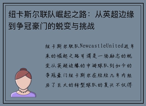 纽卡斯尔联队崛起之路：从英超边缘到争冠豪门的蜕变与挑战