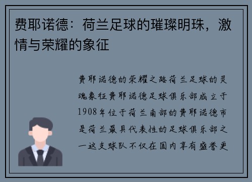 费耶诺德：荷兰足球的璀璨明珠，激情与荣耀的象征