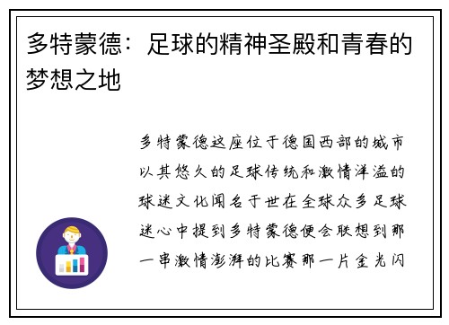 多特蒙德：足球的精神圣殿和青春的梦想之地