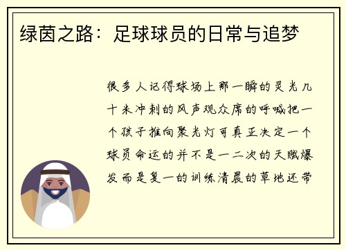 绿茵之路：足球球员的日常与追梦