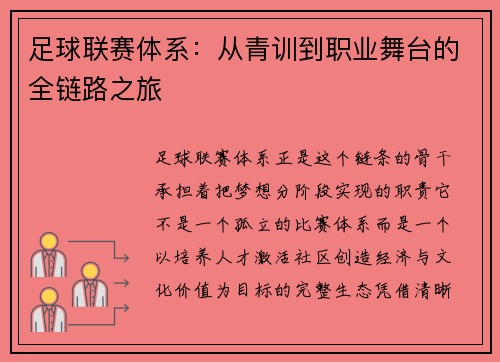 足球联赛体系：从青训到职业舞台的全链路之旅